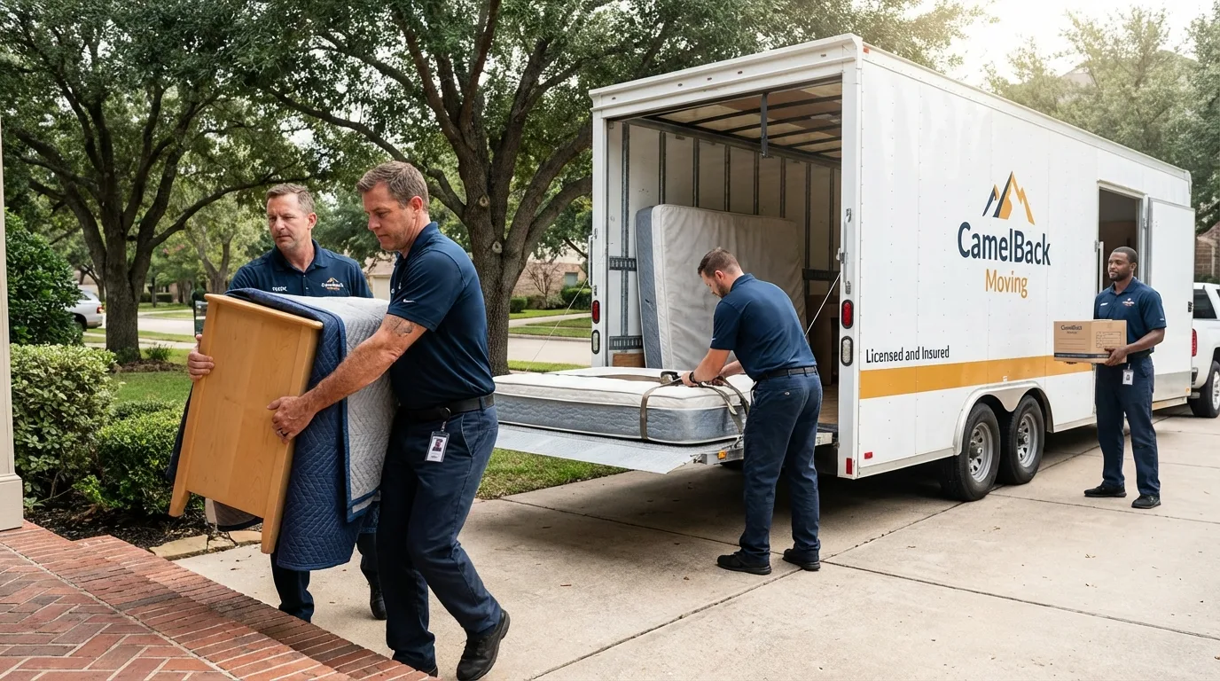 Crew loading residential truck for cross-state move from Stockbridge, MI
