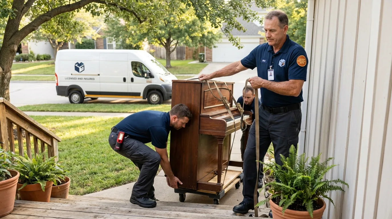 Licensed piano movers securing grand piano in Stockbridge, MI