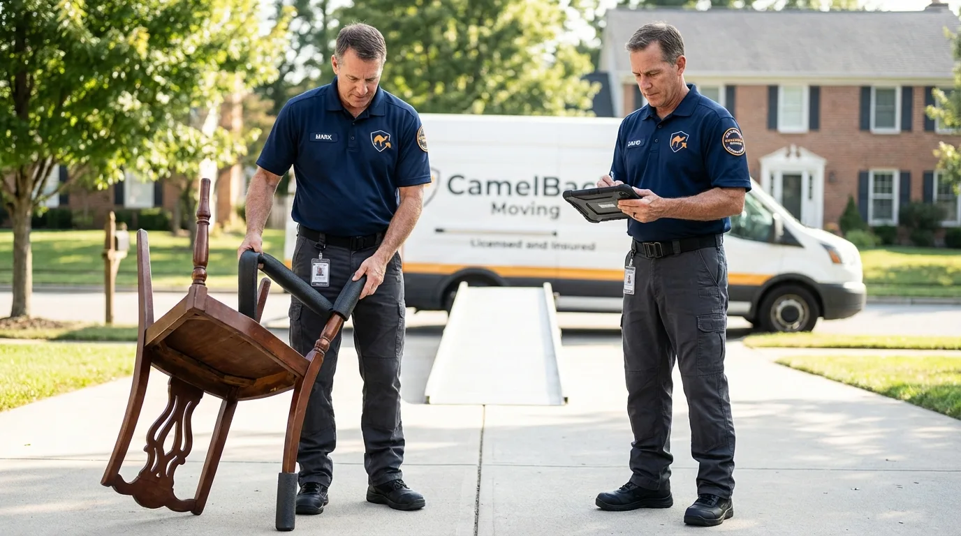 Movers inspecting furniture for damage prevention before loading in Stockbridge, MI