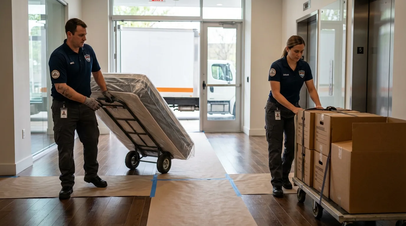 Professional apartment movers loading elevator in Stockbridge, MI